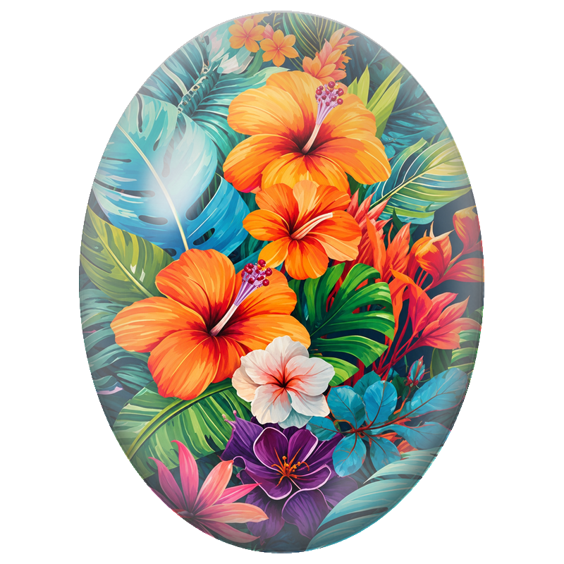 Cabochon en Verre Illustré Hibiscus Orange dans une Jungle Tropicale 13x18, 18x25 ou 30x40mm