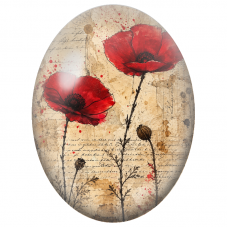 Cabochon en Verre Illustré Coquelicots Rouges sur Manuscrit Ancien 13x18, 18x25 ou 30x40mm - Pour la Création de Bijoux