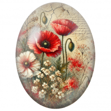 Cabochon en Verre Illustré Coquelicots Rouges et Fleurs Blanches Vintage 13x18, 18x25 ou 30x40mm - Pour la Création de Bijoux