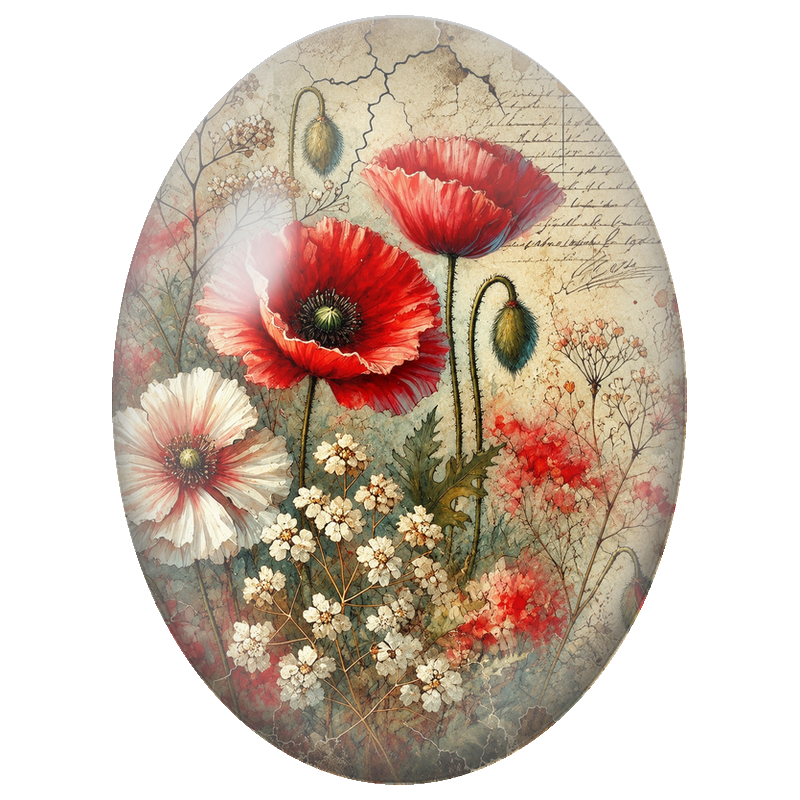Cabochon en Verre Illustré Coquelicots Rouges et Fleurs Blanches Vintage 13x18, 18x25 ou 30x40mm