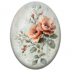 Cabochon en Verre Illustré Roses Pêche sur Fond Bleu Patiné 13x18, 18x25 ou 30x40mm - Pour la Création de Bijoux Fantaisie - DIY