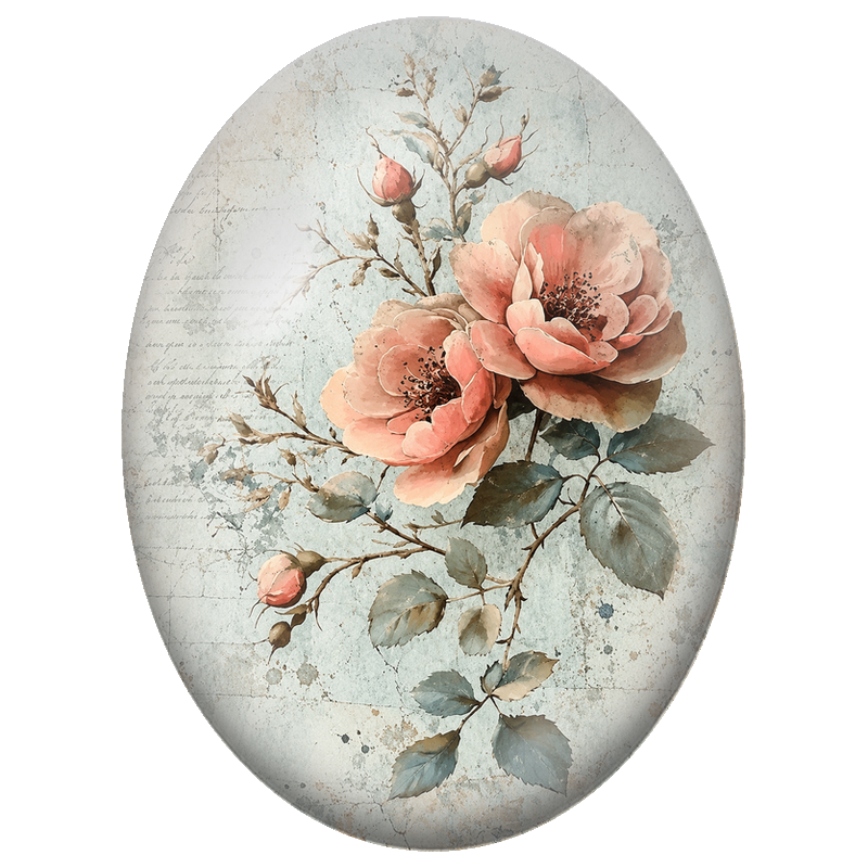Cabochon en Verre Illustré Roses Pêche sur Fond Bleu Patiné 13x18, 18x25 ou 30x40mm