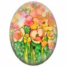 Cabochon en Verre Illustré Jardin Orange Rose et Vert Effet Encre 13x18, 18x25 ou 30x40mm - Pour la Création de Bijoux Fantaisie