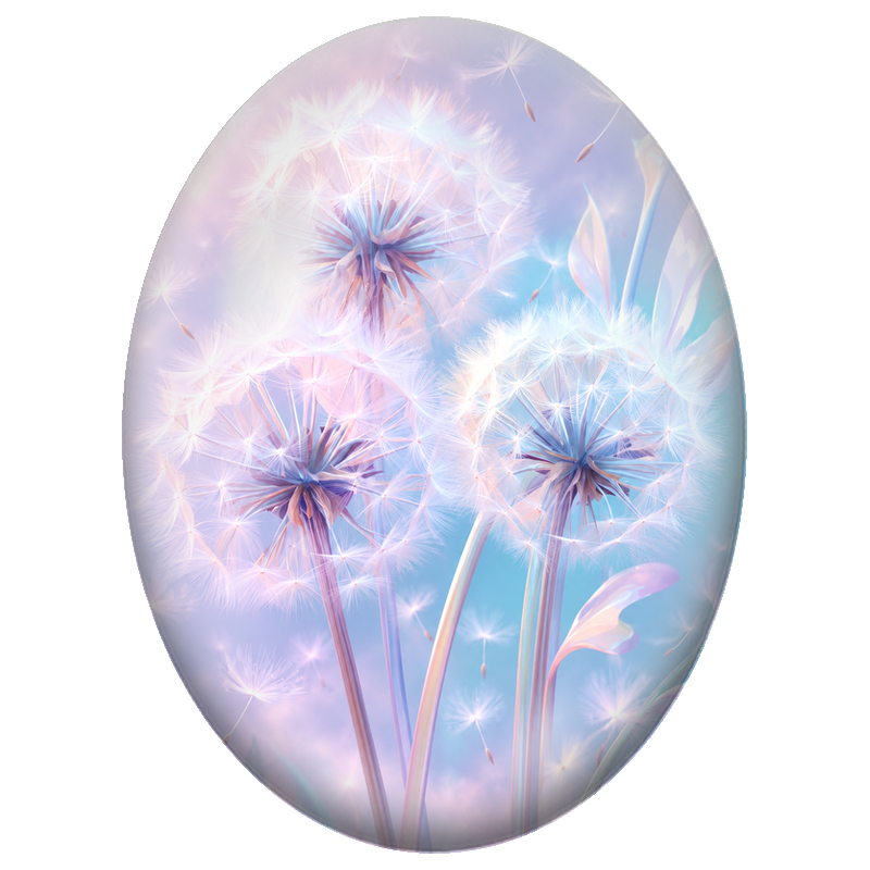 Cabochon en Verre Illustré Pissenlits Scintillants sur Fond Pastel 13x18, 18x25 ou 30x40mm