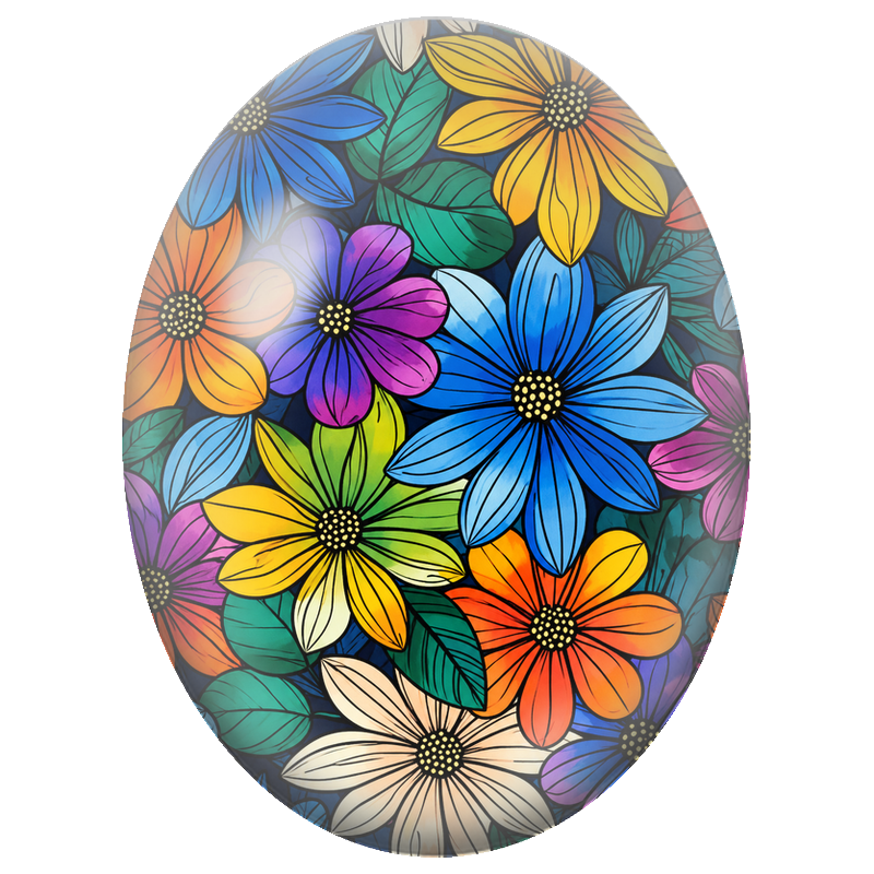 Cabochon en Verre Illustré Fleurs Graphiques Multicolores sur Fond Noir 13x18, 18x25 ou 30x40mm