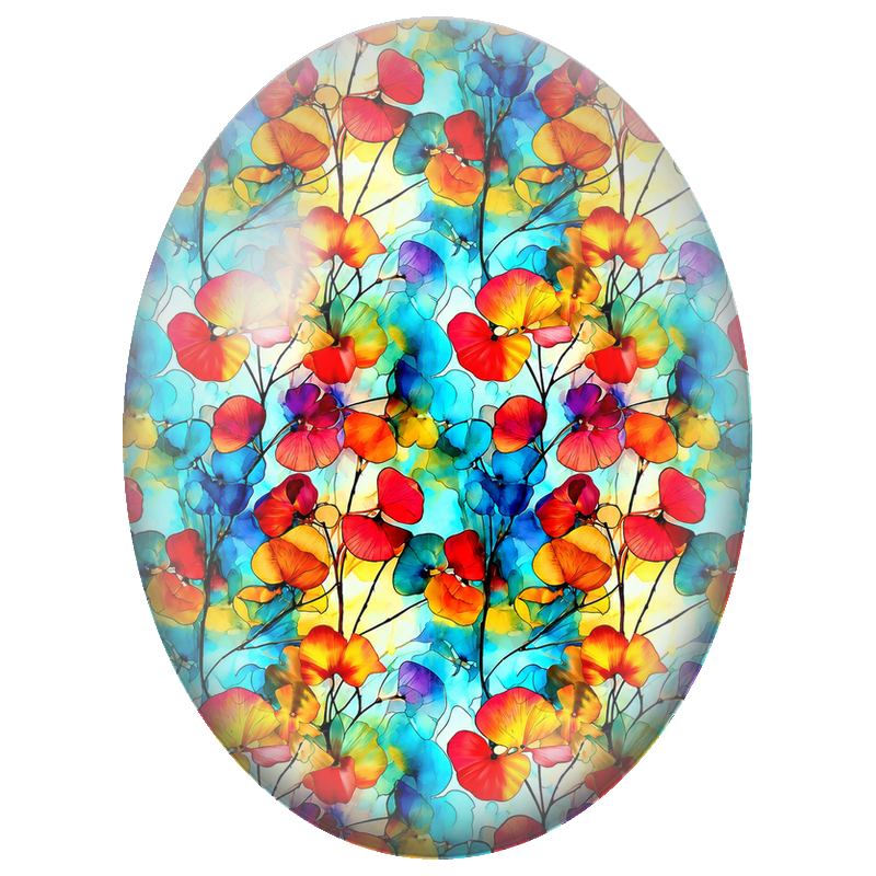 Cabochon en Verre Illustré Fleurs Orange et Bleues Effet Vitrail 13x18, 18x25 ou 30x40mm
