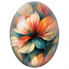 Cabochon en Verre Illustré Fleur Pêche et Turquoise Peinte 13x18, 18x25 ou 30x40mm - Pour la Création de Bijoux Fantaisie - DIY