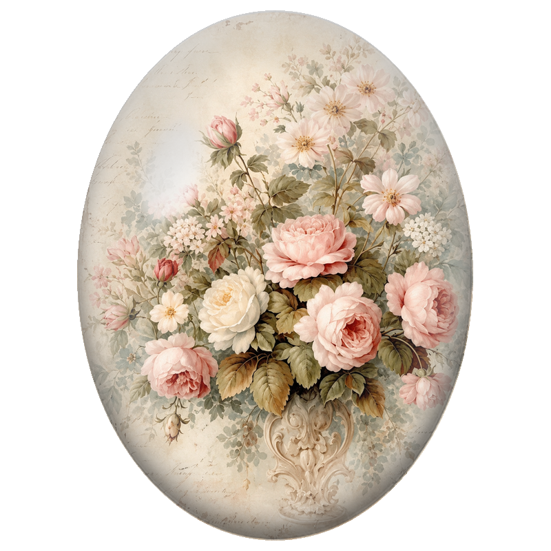 Cabochon en Verre Illustré Bouquet de Roses Poudrées dans un Vase Ancien 13x18, 18x25 ou 30x40mm