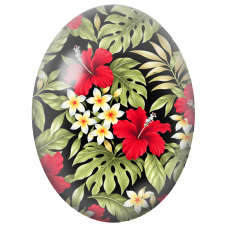 Cabochon en Verre Illustré Hibiscus Rouges et Frangipaniers sur Fond Noir 13x18, 18x25 ou 30x40mm - Pour la Création de Bijoux