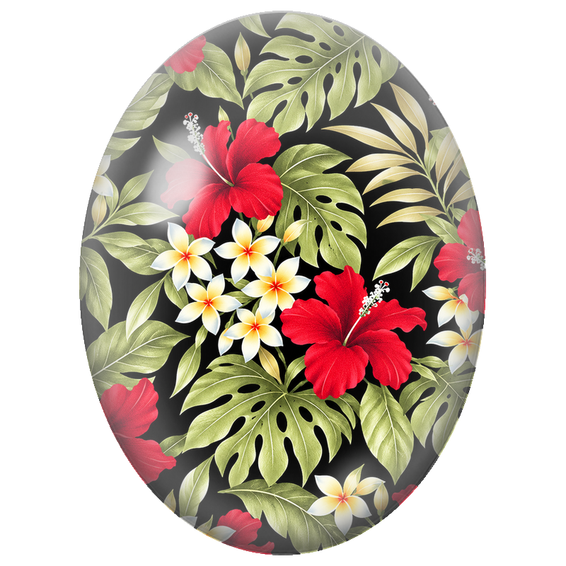 Cabochon en Verre Illustré Hibiscus Rouges et Frangipaniers sur Fond Noir 13x18, 18x25 ou 30x40mm