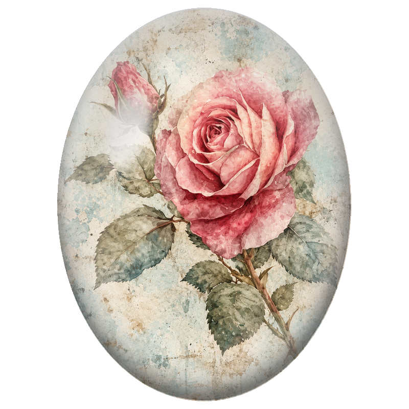 Cabochon en Verre Illustré Rose Rose sur Fond Bleu Vintage 13x18, 18x25 ou 30x40mm