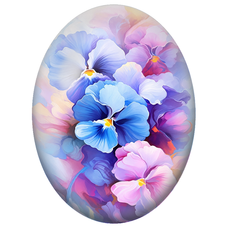 Cabochon en Verre Illustré Pensées Bleues Roses et Violettes 13x18, 18x25 ou 30x40mm