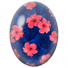Cabochon en Verre Illustré Hibiscus Corail sur Feuillage Bleu Nuit 13x18, 18x25 ou 30x40mm - Pour la Création de Bijoux
