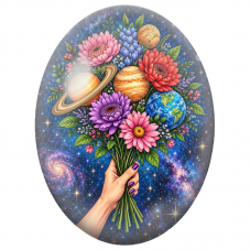 Cabochon en Verre Illustré Bouquet Fleuri aux Planètes 13x18, 18x25 ou 30x40mm - Pour la Création de Bijoux Fantaisie - DIY
