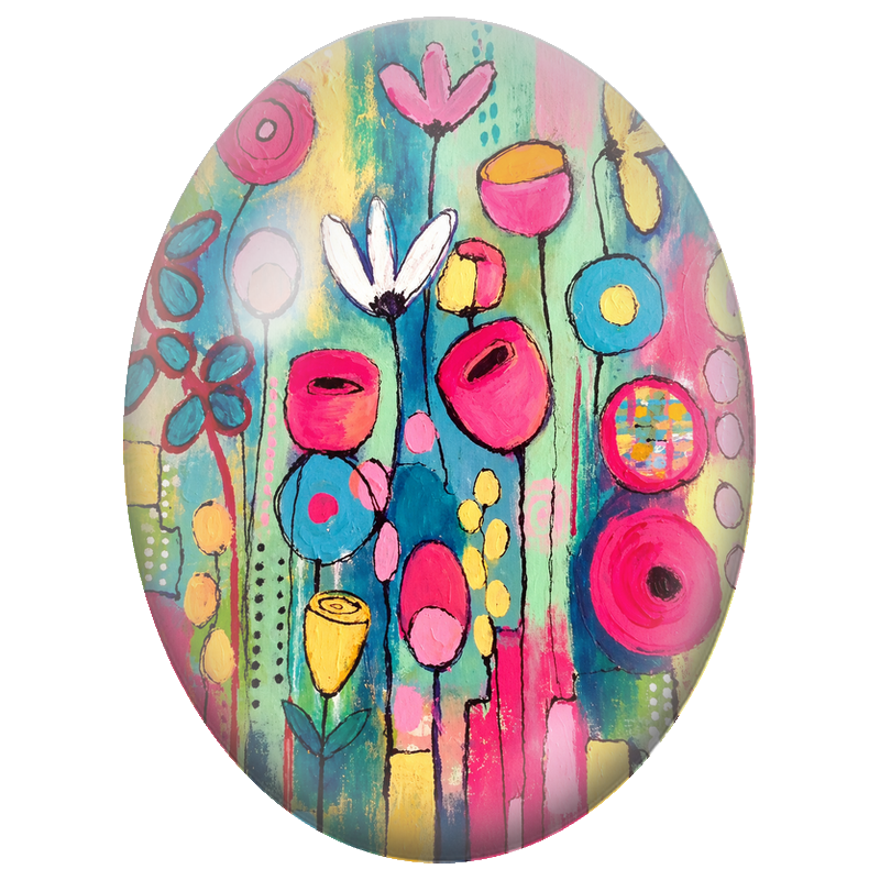 Cabochon en Verre Illustré Jardin Naïf aux Fleurs Colorées 13x18, 18x25 ou 30x40mm