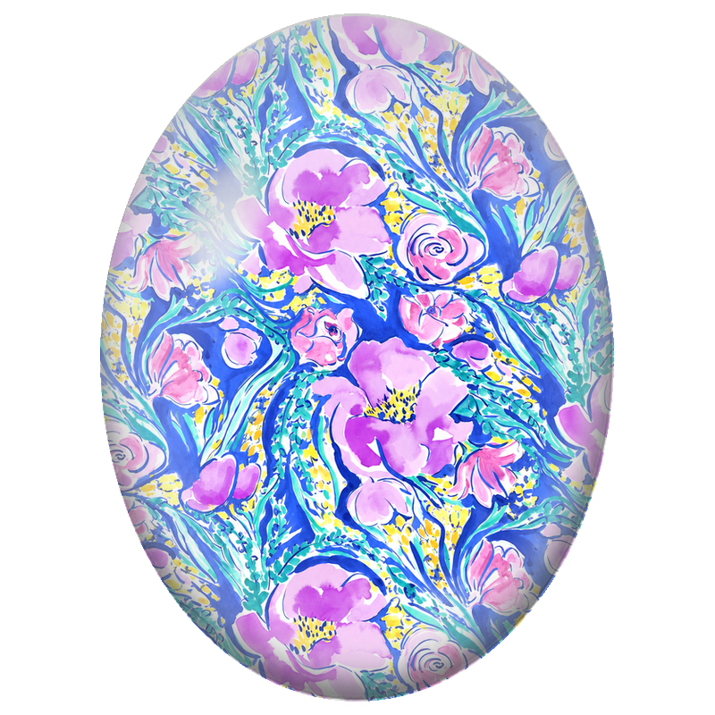 Cabochon en Verre Illustré Fleurs Mauves et Feuillage Bleu 13x18, 18x25 ou 30x40mm
