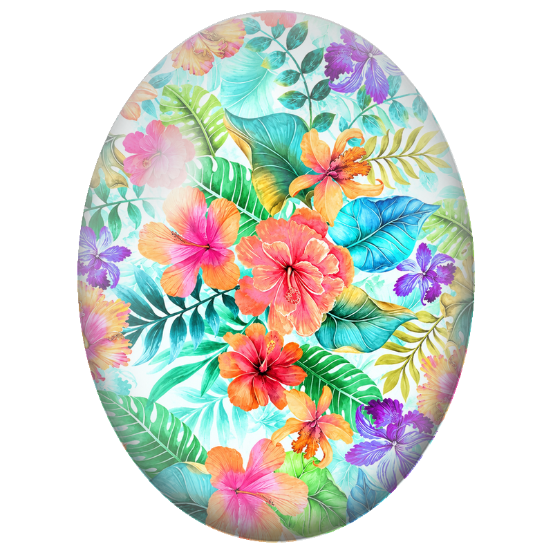 Cabochon en Verre Illustré Hibiscus Colorés et Feuillage Tropical 13x18, 18x25 ou 30x40mm
