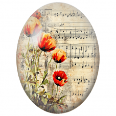 Cabochon en Verre Illustré Coquelicots Orange sur Partition Ancienne 13x18, 18x25 ou 30x40mm - Pour la Création de Bijoux