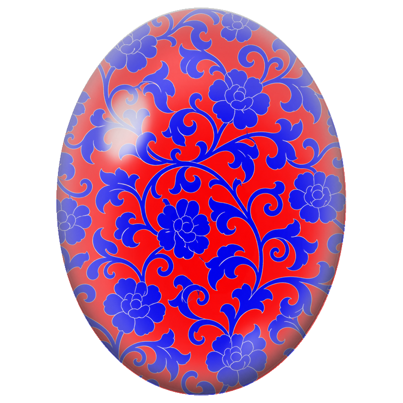 Cabochon en Verre Illustré Fleurs Bleues en Arabesques sur Fond Rouge 13x18, 18x25 ou 30x40mm