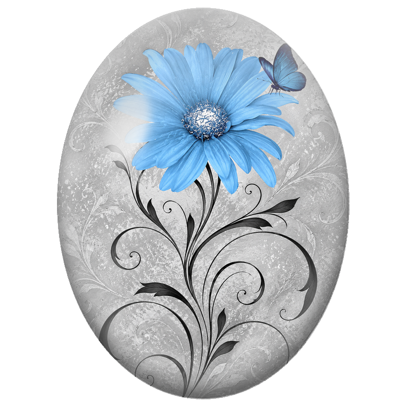 Cabochon en Verre Illustré Fleur Bleue et Papillon 13x18, 18x25 ou 30x40mm