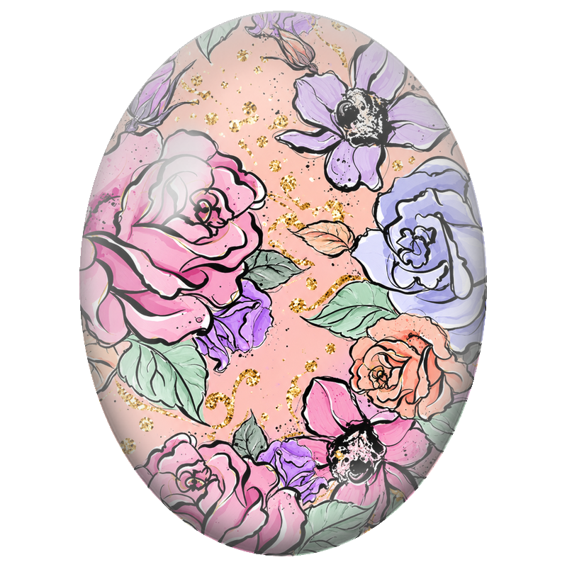 Cabochon en Verre Illustré Roses Pastel aux Éclats Dorés 13x18, 18x25 ou 30x40mm