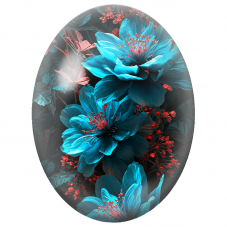 Cabochon en Verre Illustré Fleurs Turquoise aux Étamines Rouges 13x18, 18x25 ou 30x40mm - Pour la Création de Bijoux Fantaisie