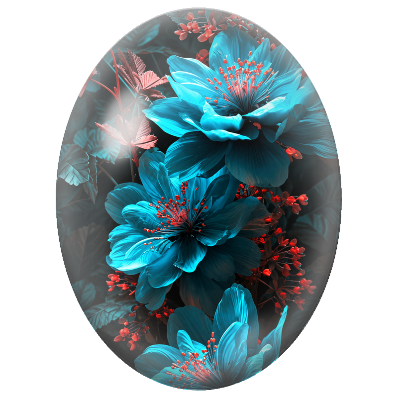 Cabochon en Verre Illustré Fleurs Turquoise aux Étamines Rouges 13x18, 18x25 ou 30x40mm
