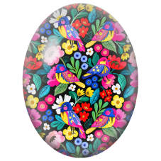 Cabochon en Verre Illustré Oiseaux Folk dans un Jardin Fleuri 13x18, 18x25 ou 30x40mm - Pour la Création de Bijoux Fantaisie