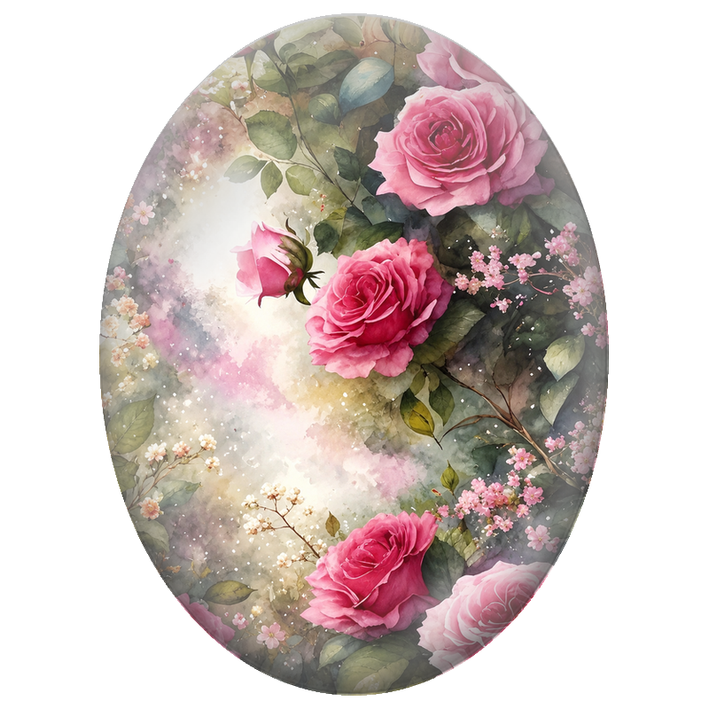 Cabochon en Verre Illustré Roses Roses autour d’une Lumière 13x18, 18x25 ou 30x40mm