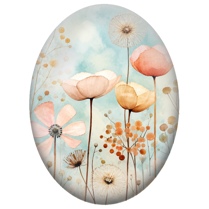 Cabochon en Verre Illustré Fleurs Pastel et Pissenlits 13x18, 18x25 ou 30x40mm