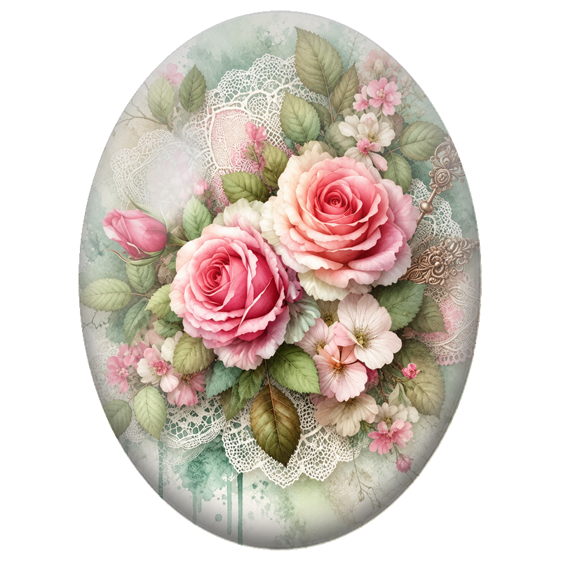 Cabochon en Verre Illustré Roses Dentelle et Clé Ancienne 13x18, 18x25 ou 30x40mm