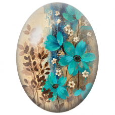 Cabochon en Verre Illustré Fleurs Turquoise sur Fond Patiné 13x18, 18x25 ou 30x40mm - Pour la Création de Bijoux Fantaisie - DIY