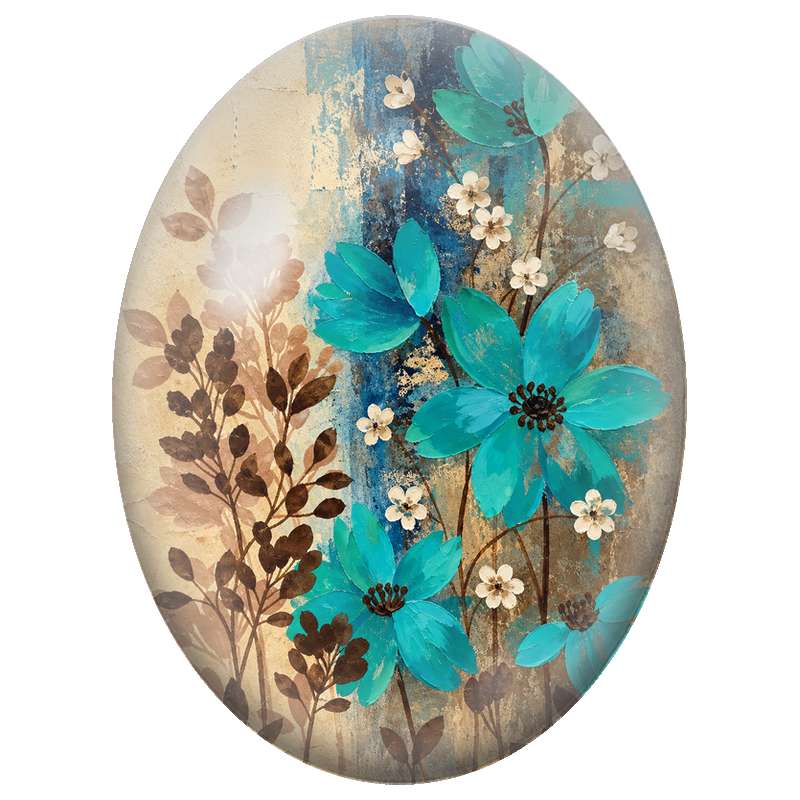 Cabochon en Verre Illustré Fleurs Turquoise sur Fond Patiné 13x18, 18x25 ou 30x40mm
