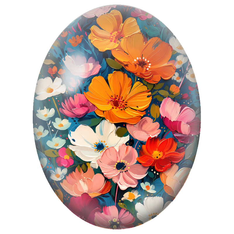 Cabochon en Verre Illustré Fleurs Orange Roses et Blanches 13x18, 18x25 ou 30x40mm