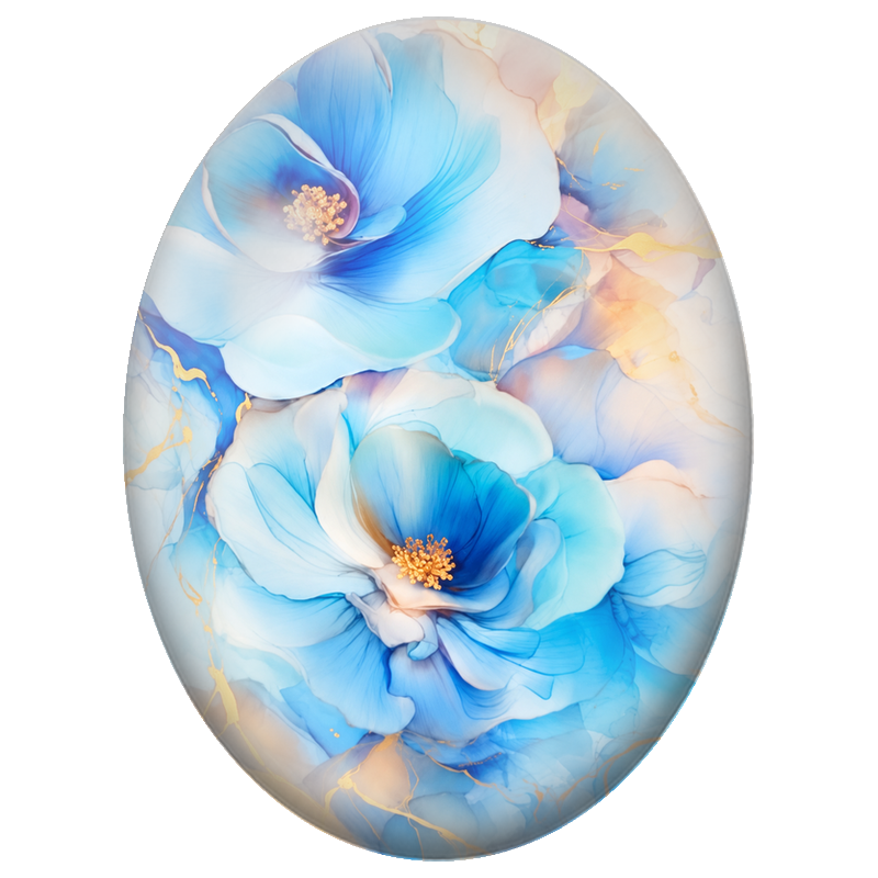 Cabochon en Verre Illustré Fleurs Bleues aux Éclats Dorés 13x18, 18x25 ou 30x40mm