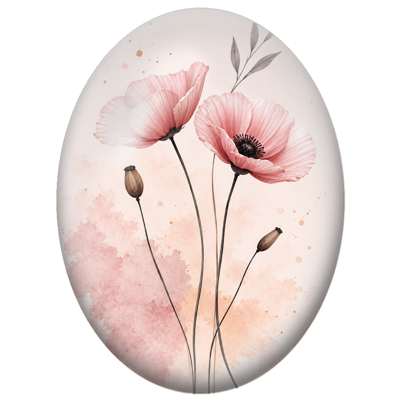 Cabochon en Verre Illustré Coquelicots Roses sur Fond Poudré 13x18, 18x25 ou 30x40mm