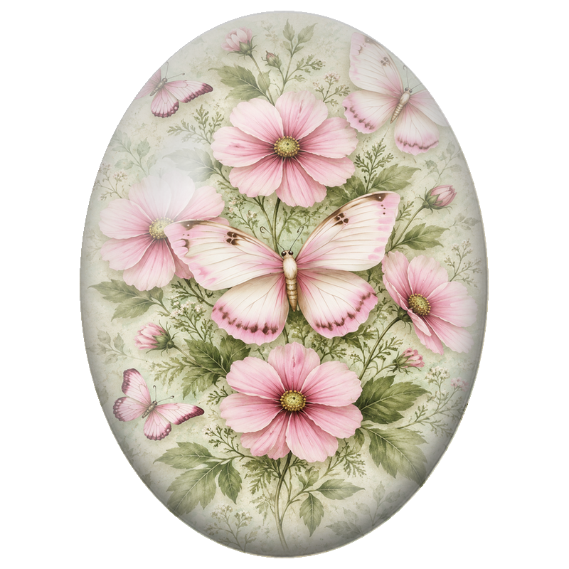 Cabochon en Verre Illustré Papillons Roses parmi les Fleurs 13x18, 18x25 ou 30x40mm