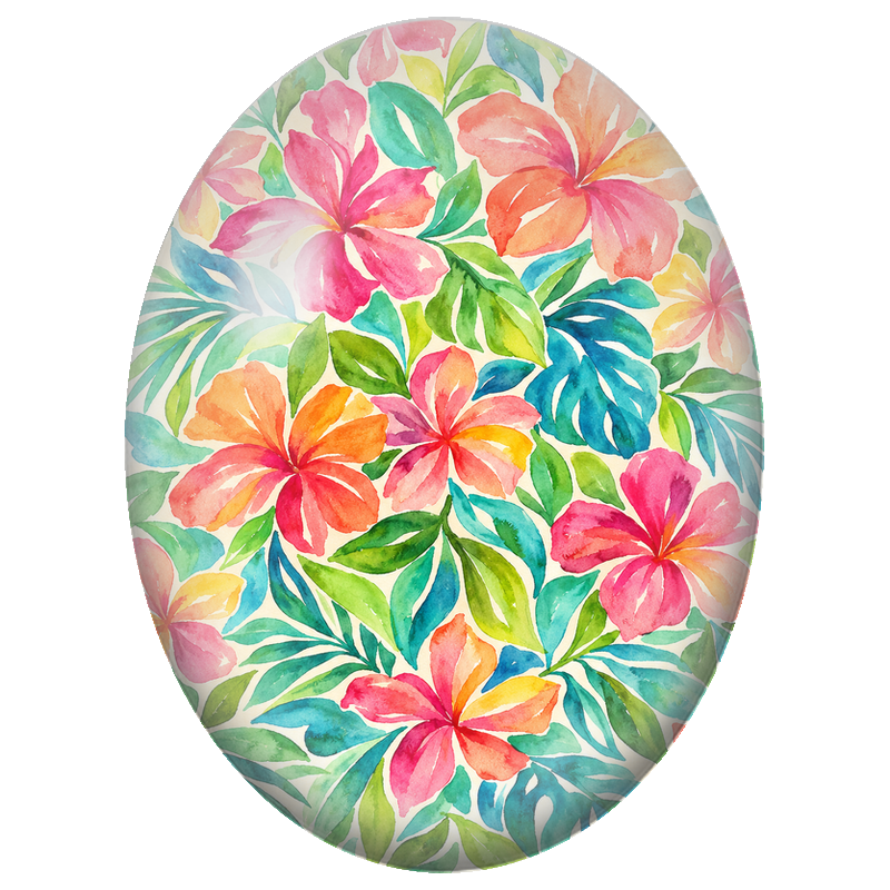 Cabochon en Verre Illustré Fleurs Tropicales Roses et Orange 13x18, 18x25 ou 30x40mm