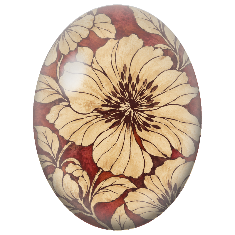 Cabochon en Verre Illustré Fleurs Ivoire sur Fond Bordeaux 13x18, 18x25 ou 30x40mm