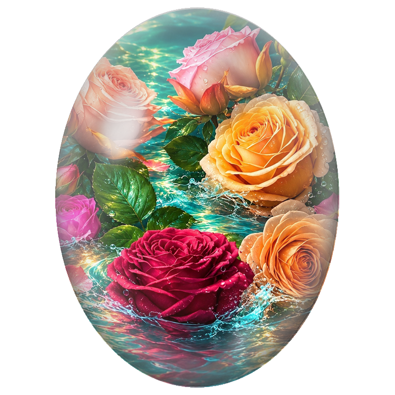 Cabochon en Verre Illustré Roses Colorées sur l’Eau Turquoise 13x18, 18x25 ou 30x40mm