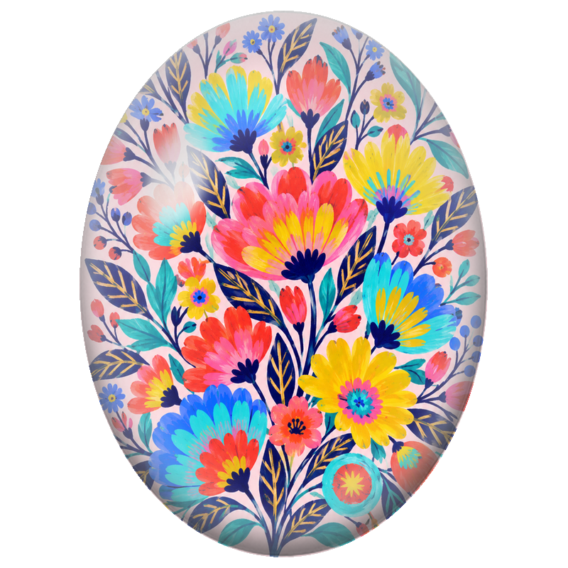 Cabochon en Verre Illustré Jardin Coloré sur Fond Rose 13x18, 18x25 ou 30x40mm
