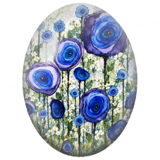 Cabochon en Verre Illustré Fleurs Bleues dans un Jardin Blanc 13x18, 18x25 ou 30x40mm - Pour la Création de Bijoux Fantaisie