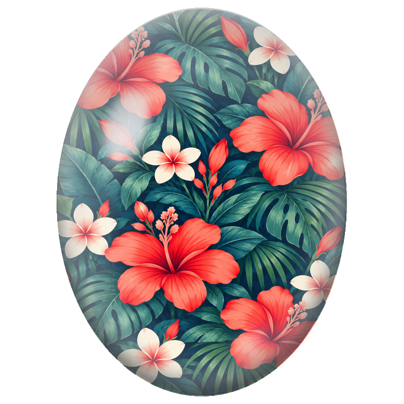 Cabochon en Verre Illustré Hibiscus Corail et Frangipaniers 13x18, 18x25 ou 30x40mm