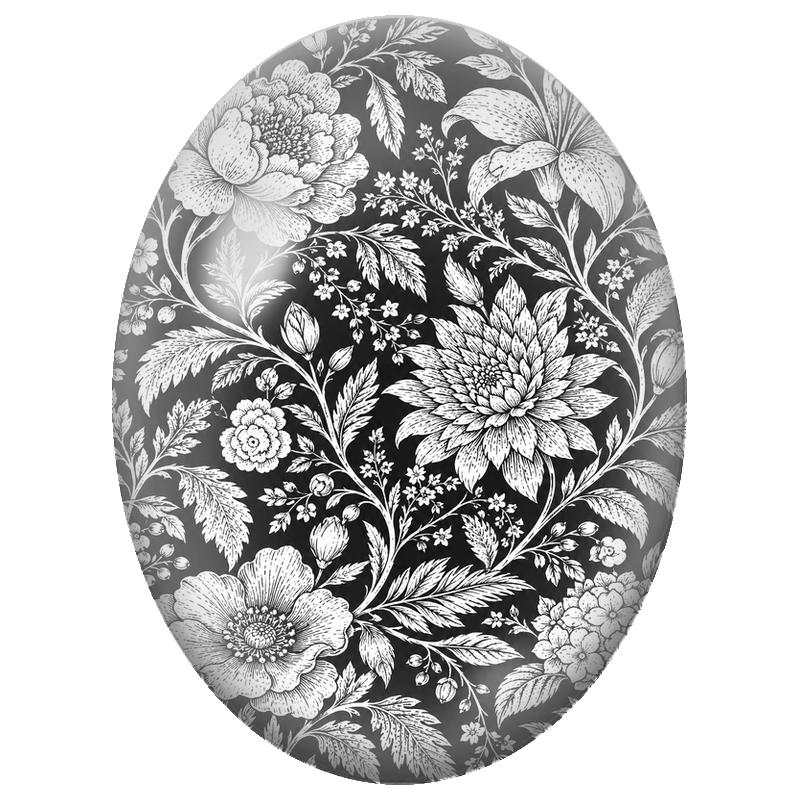 Cabochon en Verre Illustré Fleurs Blanches Gravées sur Fond Noir 13x18, 18x25 ou 30x40mm