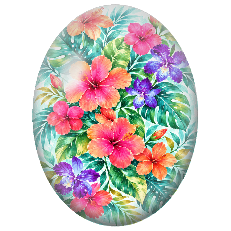 Cabochon en Verre Illustré Hibiscus et Iris Tropicaux 13x18, 18x25 ou 30x40mm