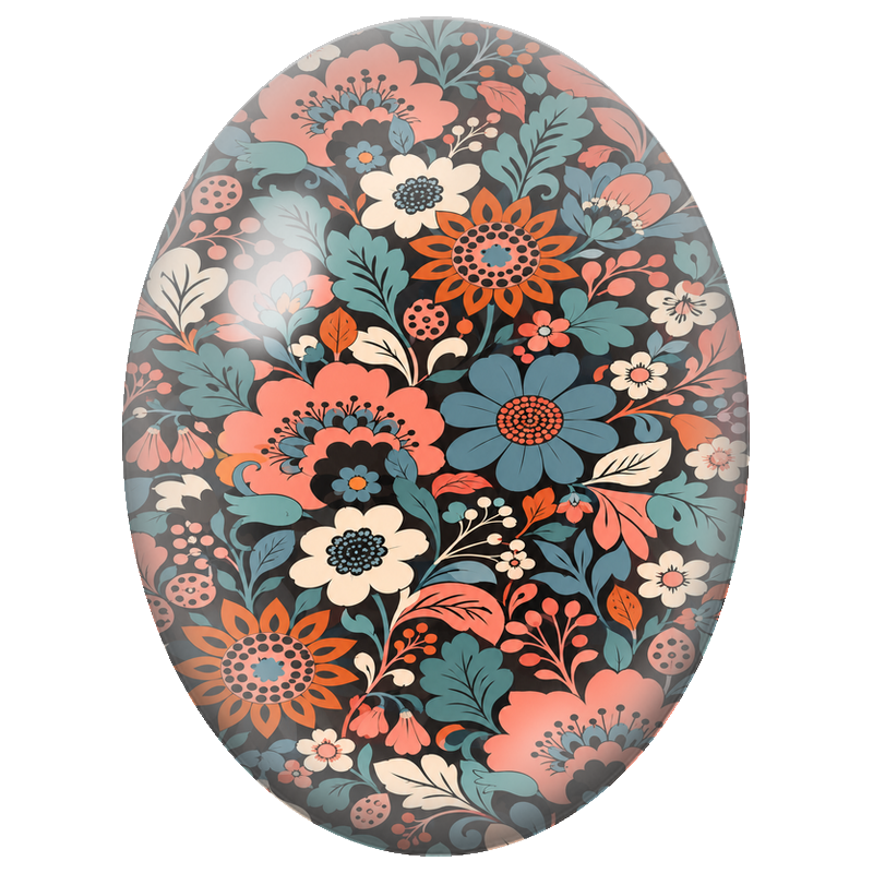 Cabochon en Verre Illustré Fleurs Corail et Turquoise sur Fond Noir 13x18, 18x25 ou 30x40mm