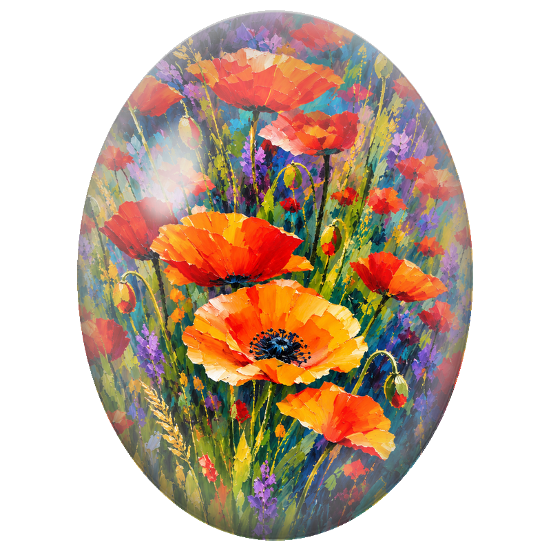Cabochon en Verre Illustré Champ de Coquelicots Colorés 13x18, 18x25 ou 30x40mm