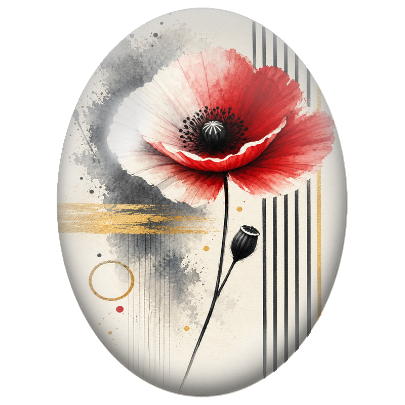 Cabochon en Verre Illustré Coquelicot Rouge Blanc et Or 13x18, 18x25 ou 30x40mm