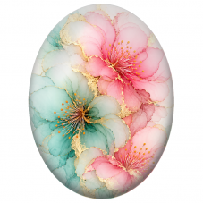 Cabochon en Verre Illustré Fleurs Roses et Turquoise Bordées d’Or 13x18, 18x25 ou 30x40mm - Pour la Création de Bijoux Fantaisie