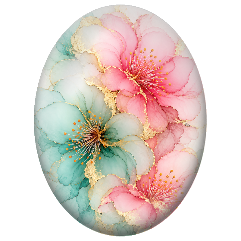 Cabochon en Verre Illustré Fleurs Roses et Turquoise Bordées d’Or 13x18, 18x25 ou 30x40mm